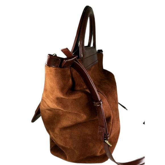 Anthroplogie Brown Faux Suede Leather Crossbody Tote Satche - Picture 8 of 10
